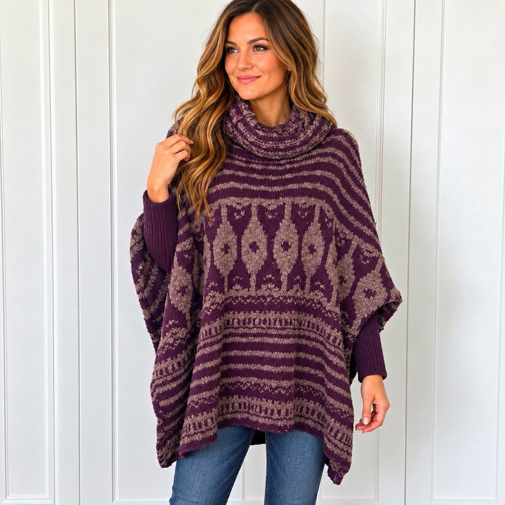 Free People Women's M Purple Gray Striped Chunky Knit Cowl Neck Oversized Poncho